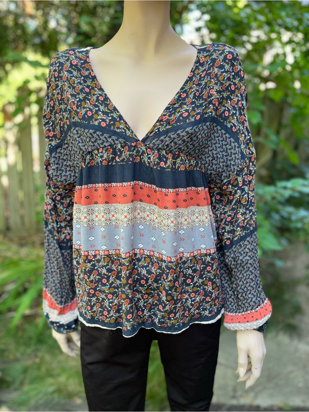 Boho Floral Patchwork V-Neck Top - Navy with Coral & Light Blue